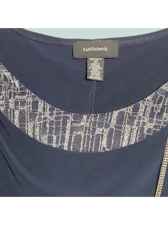 R&M Richards Sleeveless Dress W Metallic Embelishment Neckline Navy Blue Size 10 - Picture 6 of 13